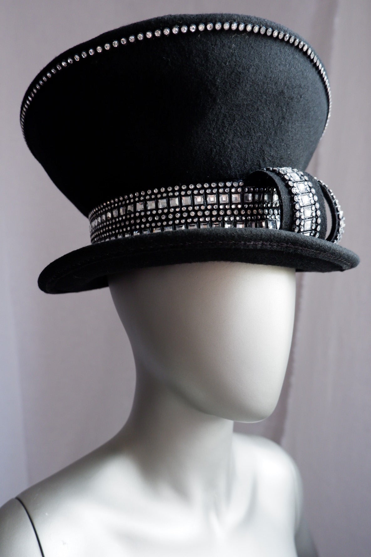 Vintage Tim Crawford Wool Hat – Sculptural Felt with Rhinestone Banding