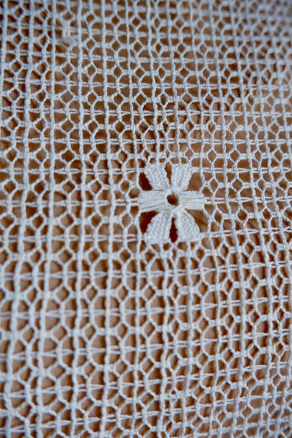 Close-up of open netted ivory lace with daisy motif over nude lining