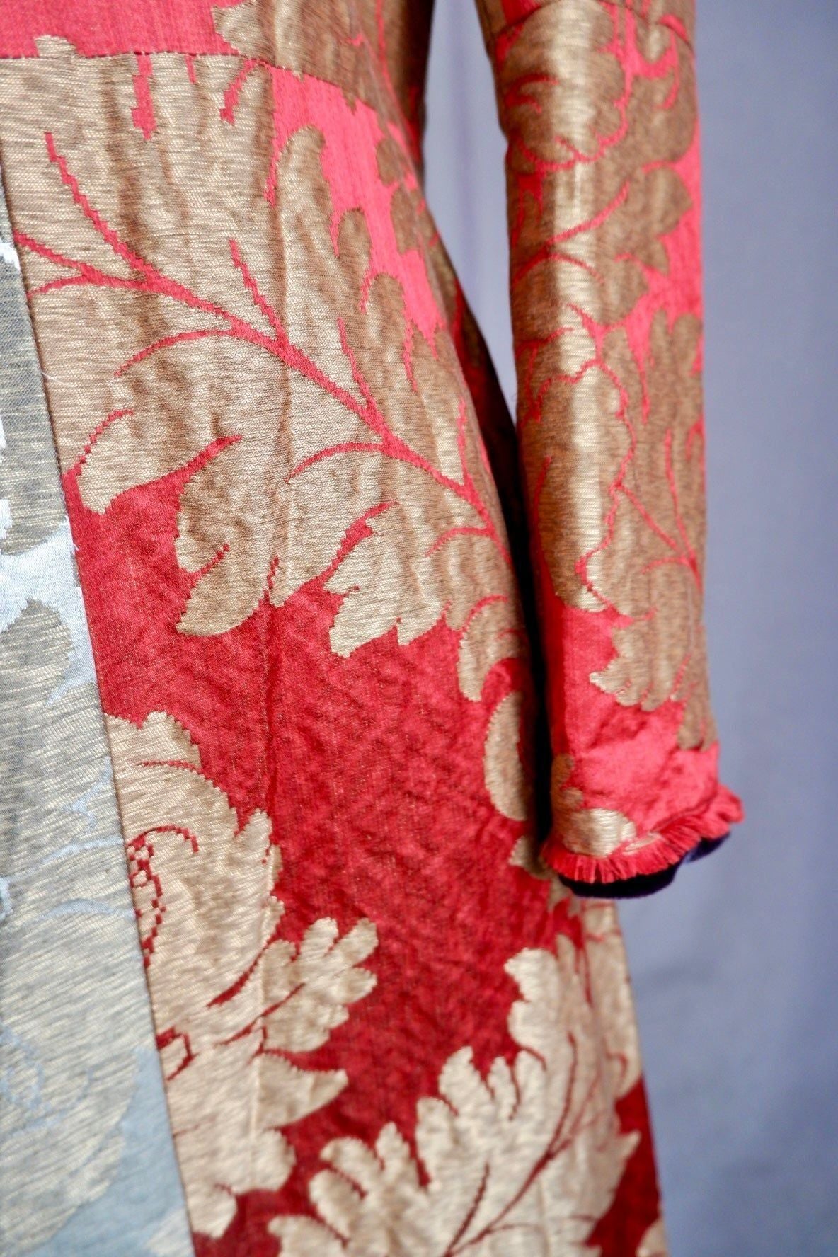 Early 2000s Red and Gold Brocade Jacket with Shearling Collar S/M