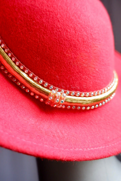 Exquisite Vintage Jack McConnell Red Sculptural Hat – Gold & Pearl Beaded Trim