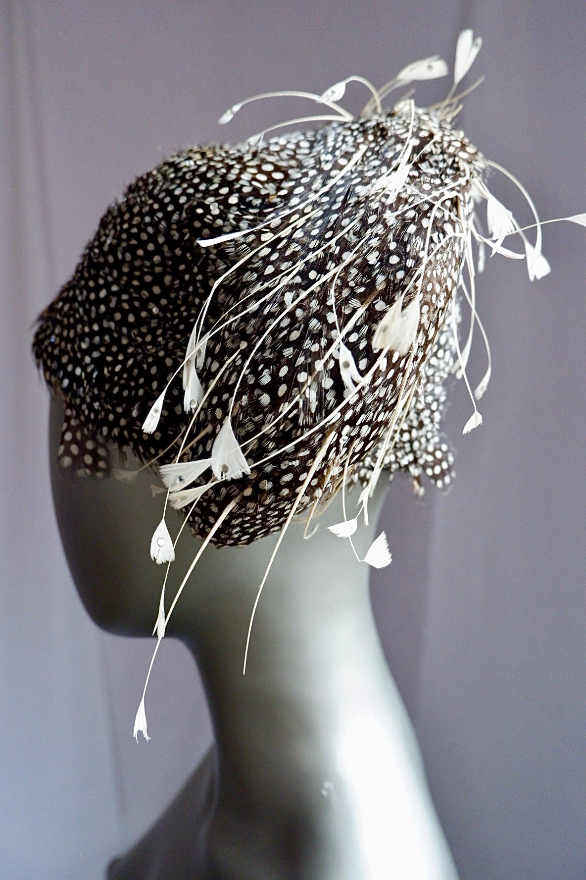 Vintage Jack McConnell Red Feather Hat – Guinea Feather Shell with Sculpted Quill Sprays