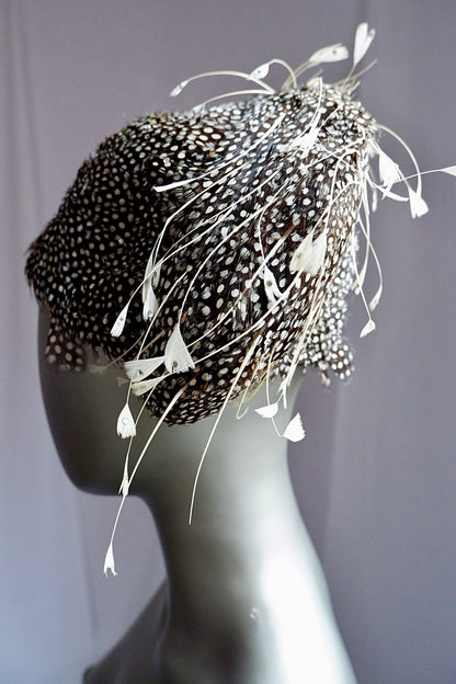 Vintage Jack McConnell Red Feather Hat – Guinea Feather Shell with Sculpted Quill Sprays