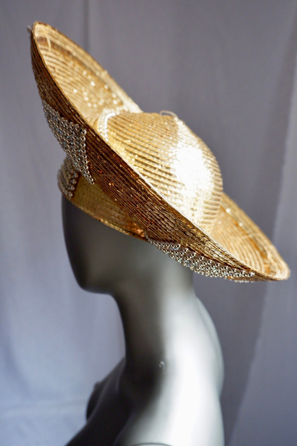 George Zamau’l Gold Rhinestone Straw Halo Hat