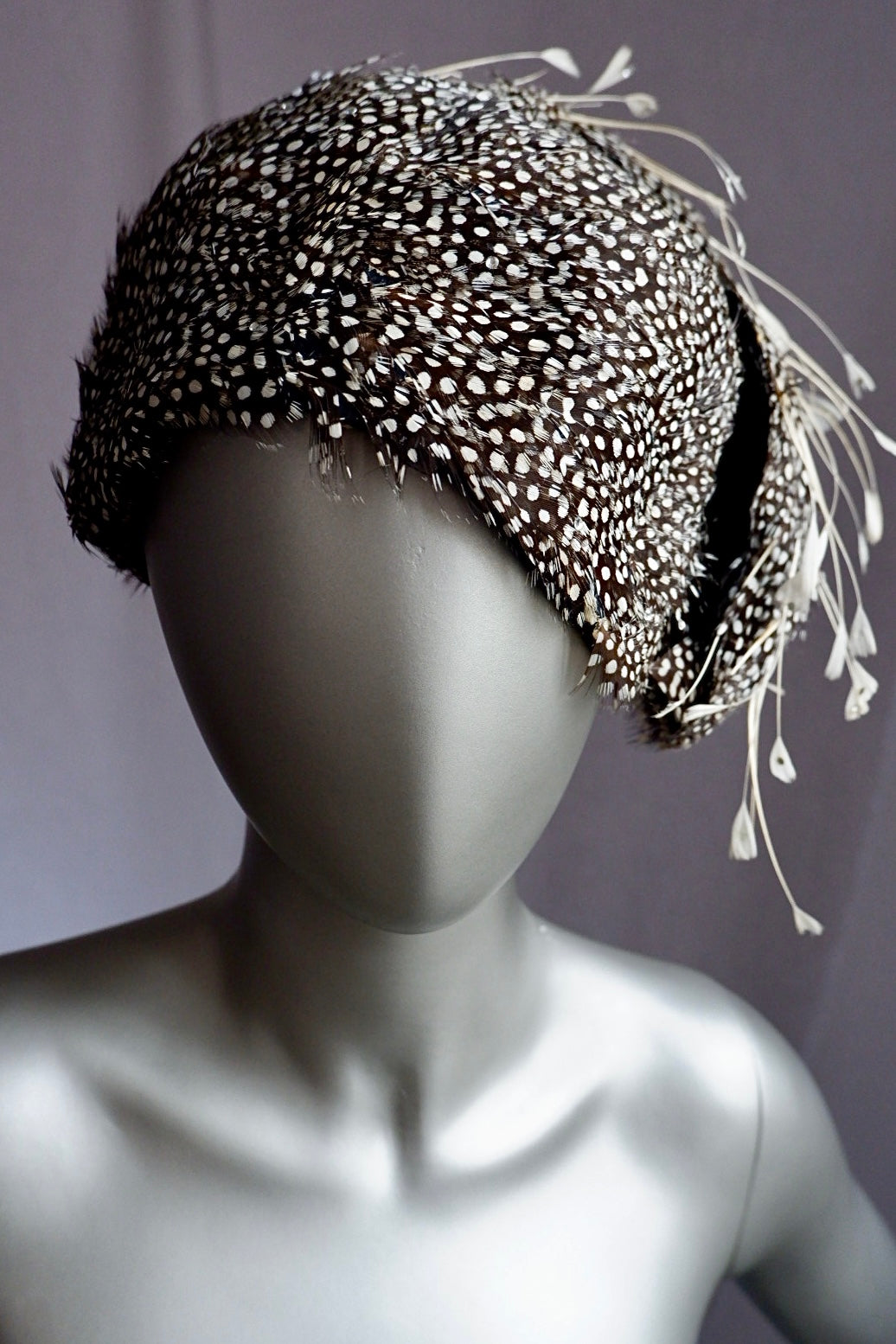 Vintage Jack McConnell Red Feather Hat – Guinea Feather Shell with Sculpted Quill Sprays