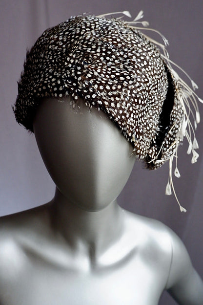 Vintage Jack McConnell Red Feather Hat – Guinea Feather Shell with Sculpted Quill Sprays