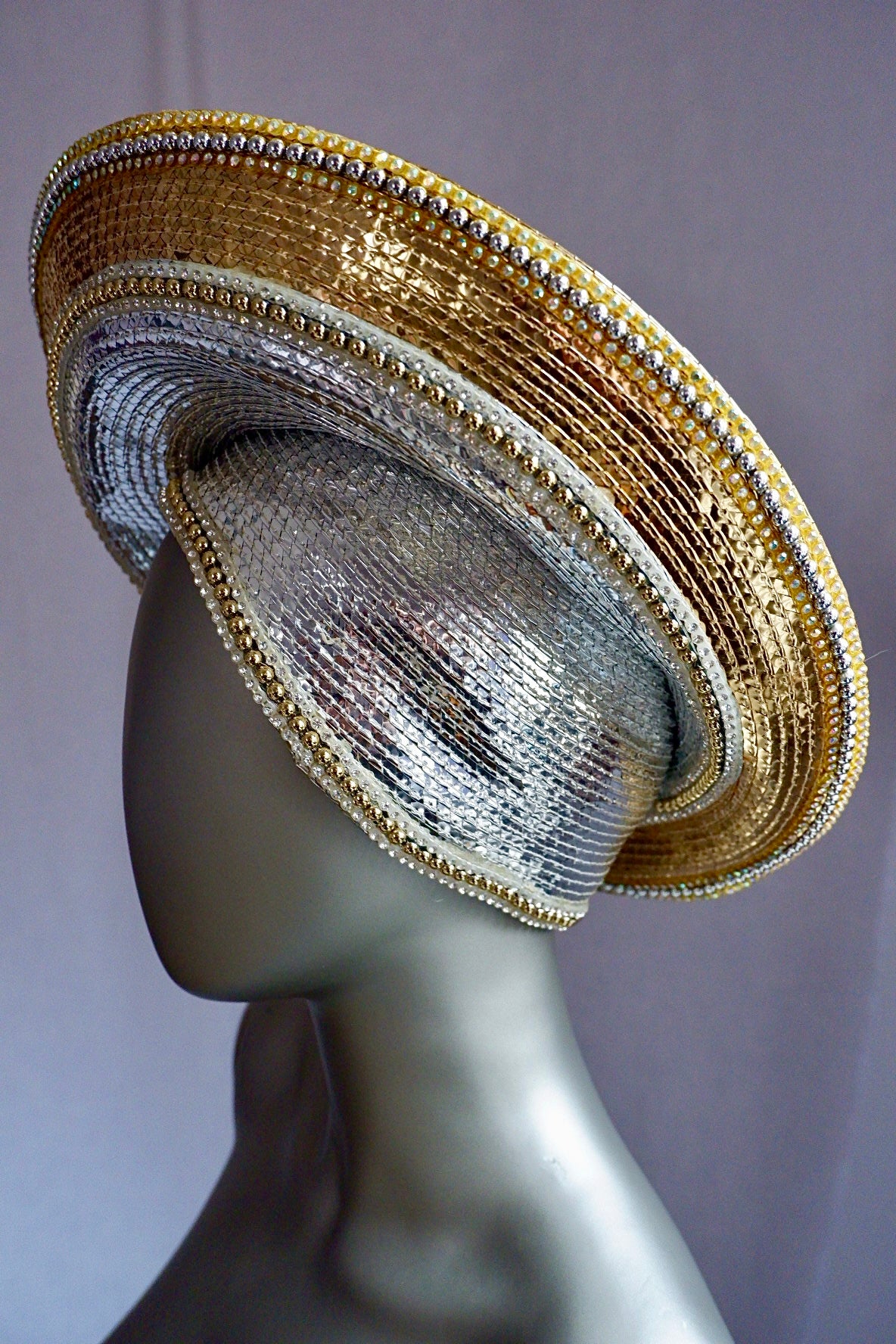 Vintage Jack McConnell Couture Red Feather Hat – Layered Metallic Straw with Rhinestone Detail

