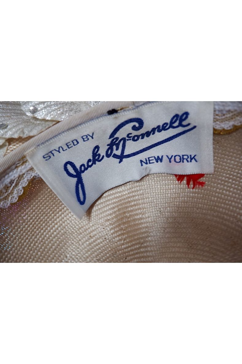 Vintage Jack McConnell Red Feather Hat – Sculpted Straw with Faux Rhinestone Seashell Design

