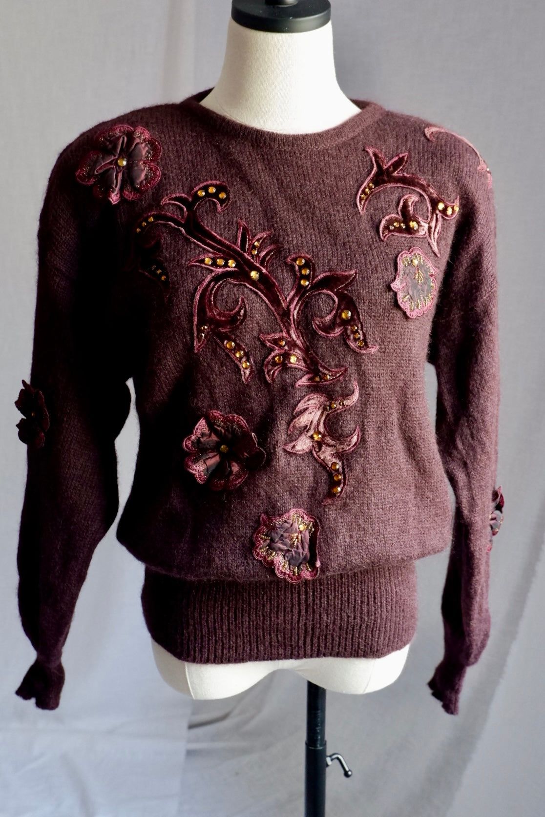 1980s Vintage Escada Deep Purple-Brown Wool Sweater with Velvet Appliqué and Beading