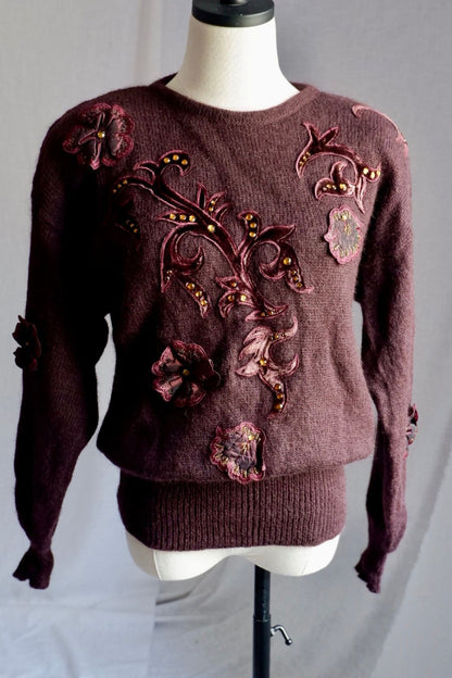 1980s Vintage Escada Deep Purple-Brown Wool Sweater with Velvet Appliqué and Beading
