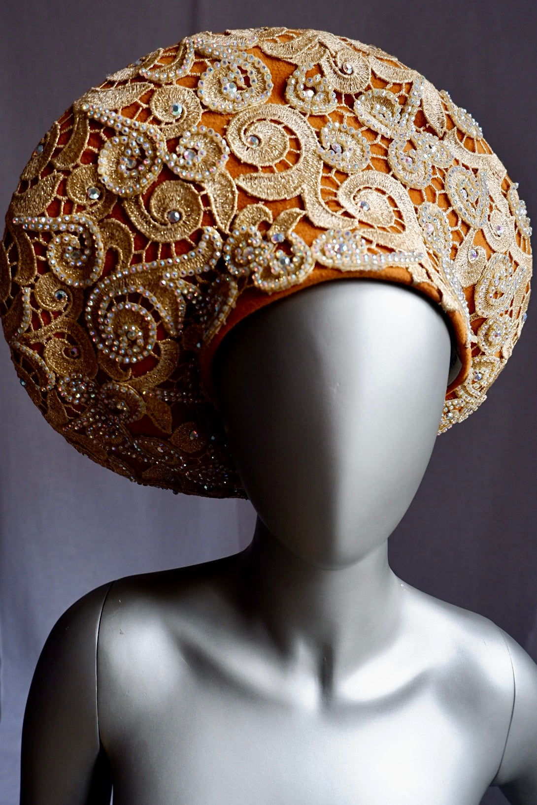 Vintage Jack McConnell Red Feather Hat – Gold Embroidered Couture Halo with Sequins & Beads
