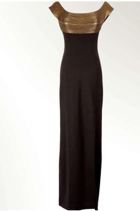 1990s Vintage Tadashi Shoji Evening Gown with Metallic Detail S