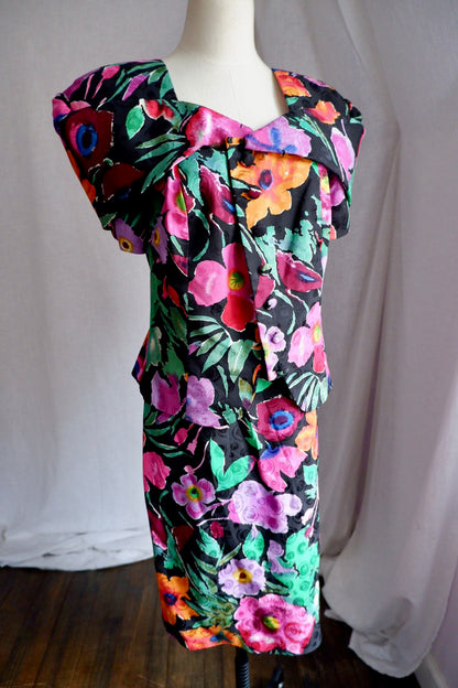 1980s Vintage Raul Blanco Silk Floral Skirt Set L