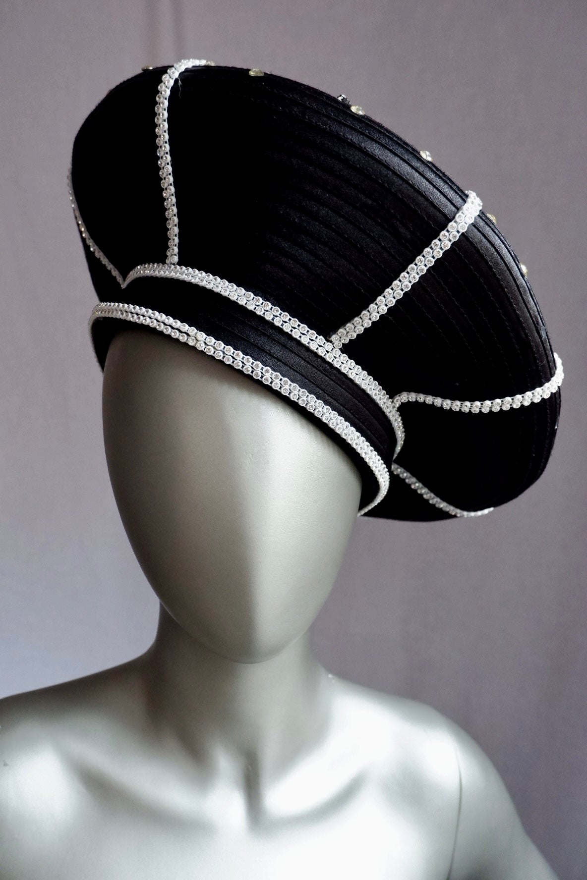 Vintage Sculptural Black Hat with Rhinestone Sunburst & Pearl Trim