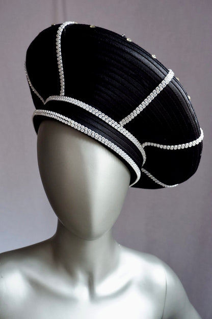 Vintage Sculptural Black Hat with Rhinestone Sunburst & Pearl Trim