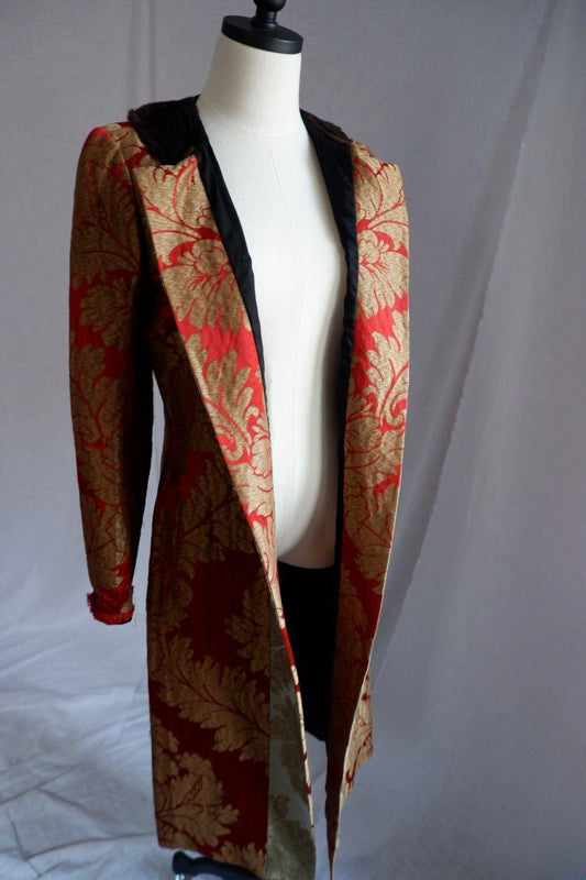 Early 2000s Red and Gold Brocade Jacket with Shearling Collar S/M