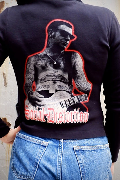 Close-up of the Mike Ness back print and gothic Social Distortion logo on a black hoodie