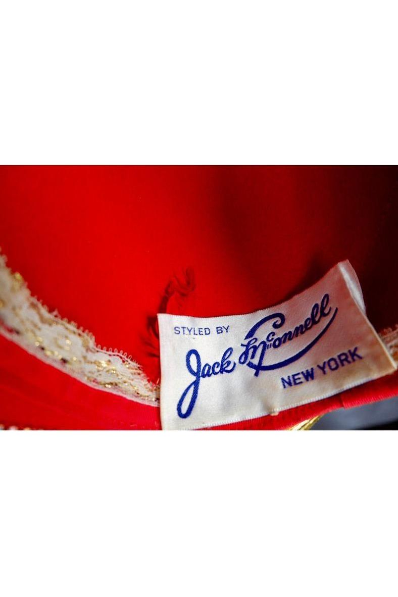 Exquisite Vintage Jack McConnell Red Sculptural Hat – Gold & Pearl Beaded Trim