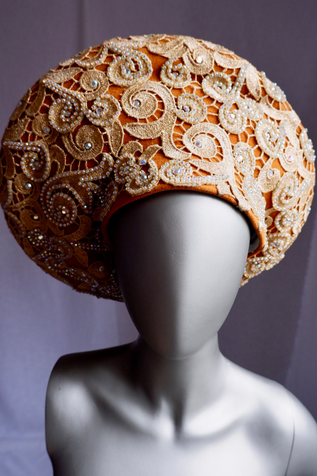 Vintage Jack McConnell Red Feather Hat – Gold Embroidered Couture Halo with Sequins & Beads