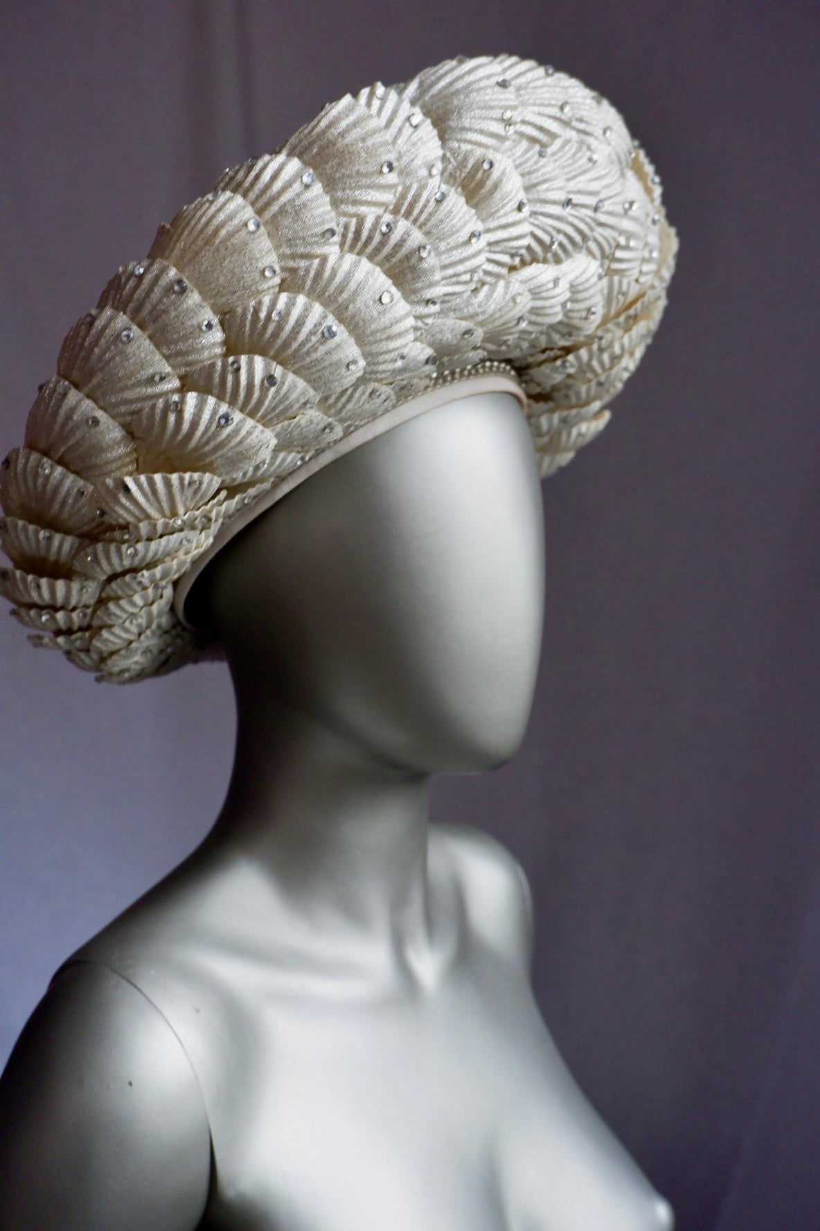 Vintage Jack McConnell Red Feather Hat – Sculpted Straw with Faux Rhinestone Seashell Design

