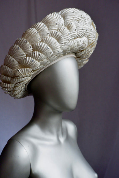 Vintage Jack McConnell Red Feather Hat – Sculpted Straw with Faux Rhinestone Seashell Design

