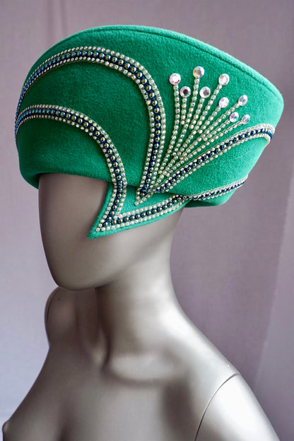 Vintage Jack McConnell Kelly Green Sculptural Wool Hat with Rhinestone Sunburst Detail