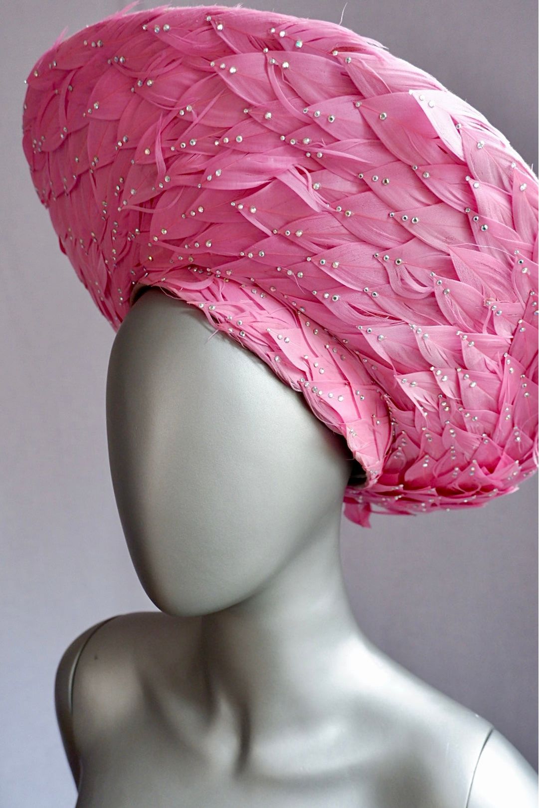 Vintage Jack McConnell Red Feather Hat – Sculpted Pink Feathered Halo with Beaded Accents