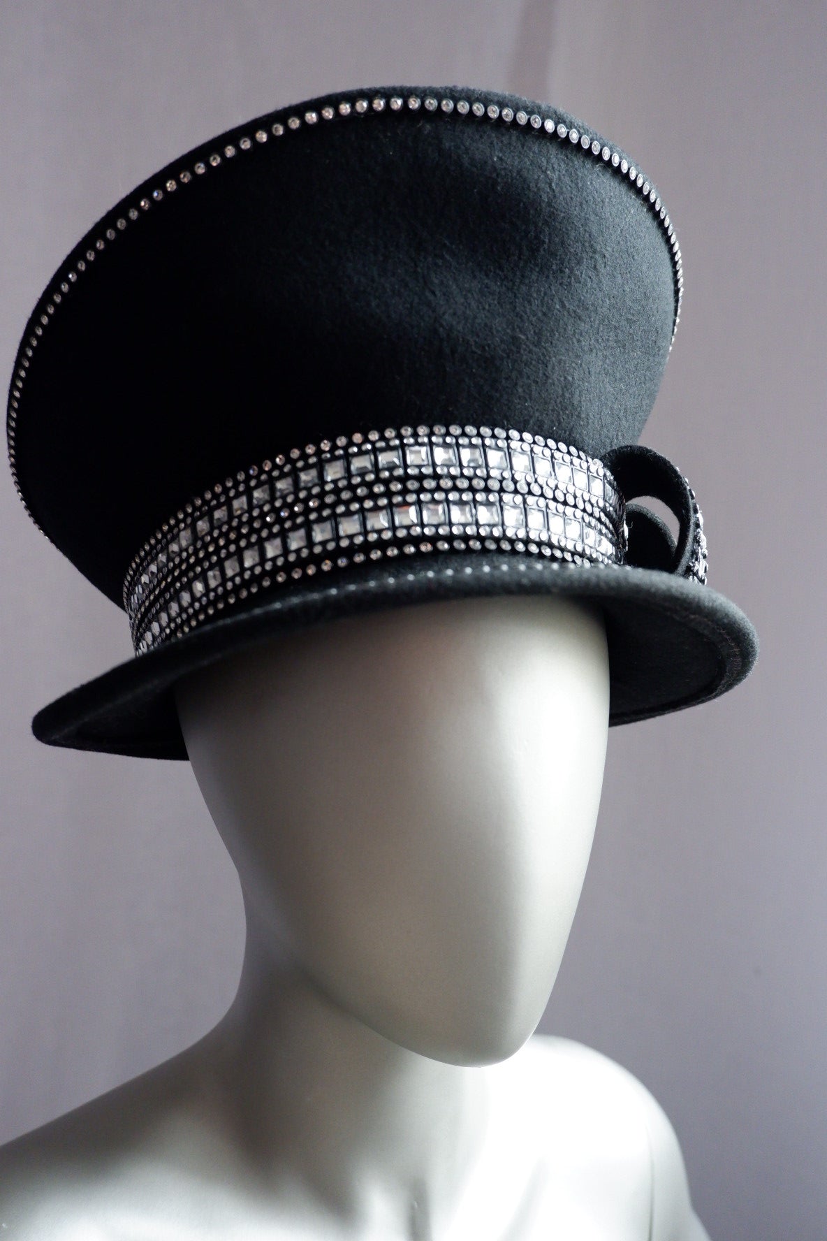 Vintage Tim Crawford Wool Hat – Sculptural Felt with Rhinestone Banding