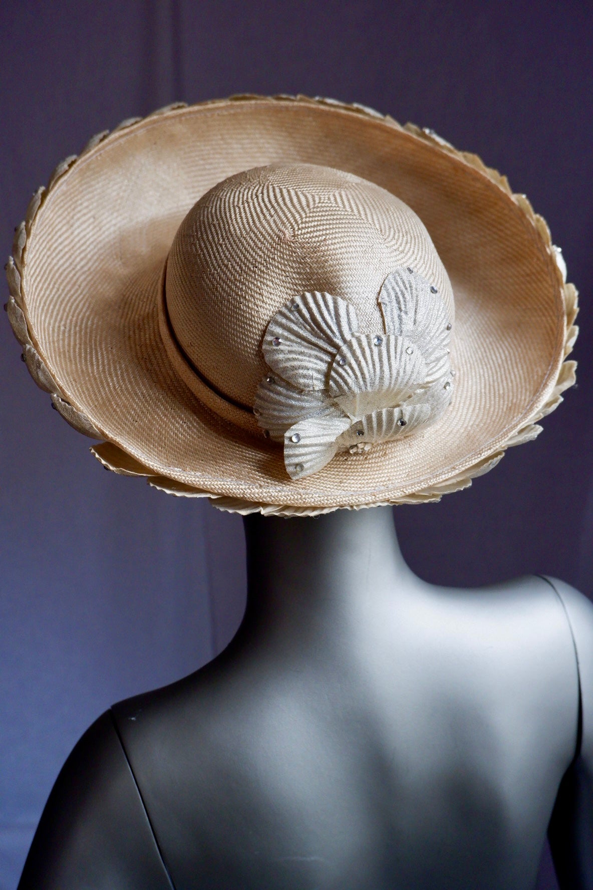 Vintage Jack McConnell Red Feather Hat – Sculpted Straw with Faux Rhinestone Seashell Design

