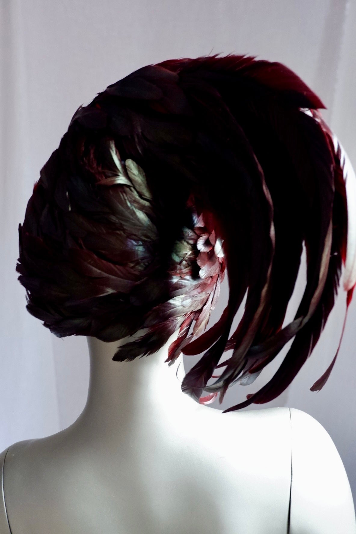 Vintage Jack McConnell Feathered Avant-Garde Hat – Garnet Coque & Goose Plumage with Signature Red Feather