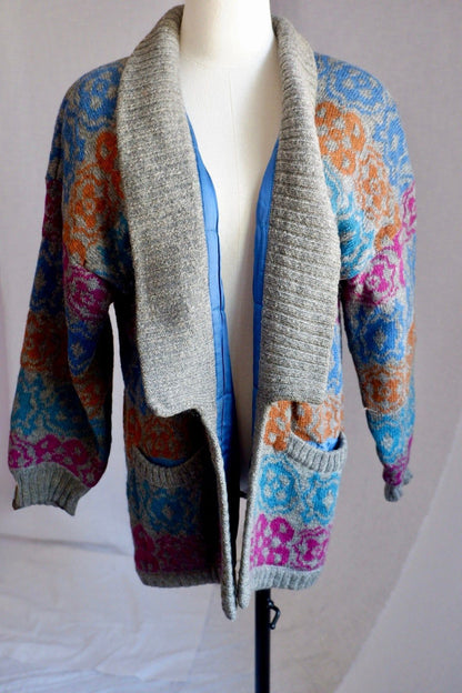 1980s Vintage Escada Bold Patterned Wool Cardigan by Margaretha Ley M/L