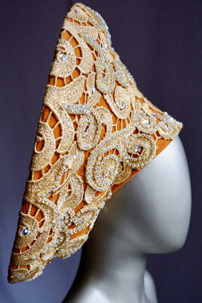 Vintage Jack McConnell Red Feather Hat – Gold Embroidered Couture Halo with Sequins & Beads