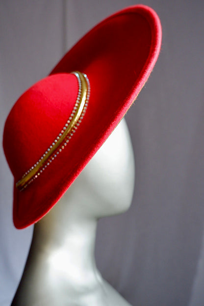 Exquisite Vintage Jack McConnell Red Sculptural Hat – Gold & Pearl Beaded Trim