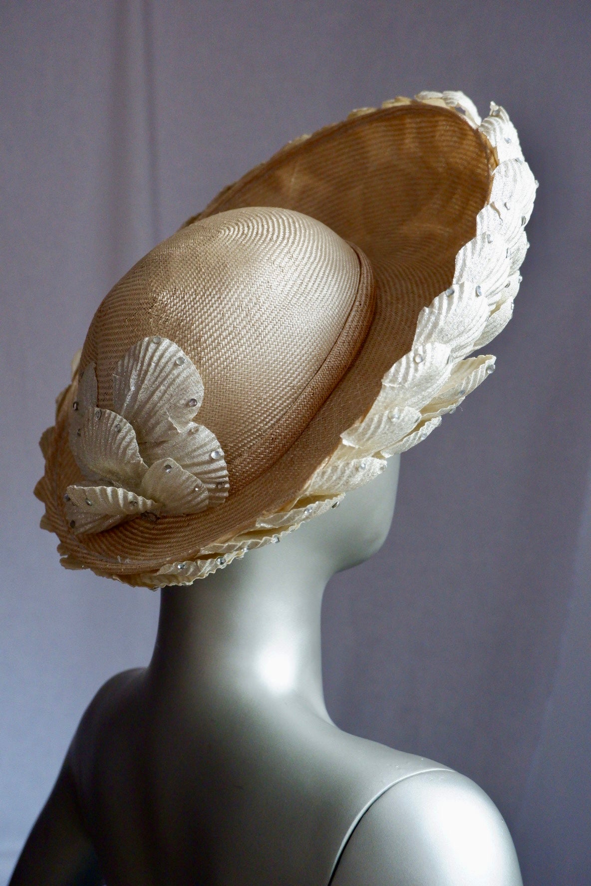 Vintage Jack McConnell Red Feather Hat – Sculpted Straw with Faux Rhinestone Seashell Design

