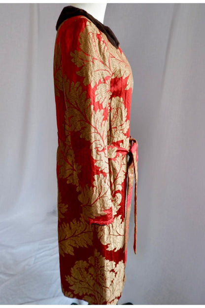 Early 2000s Red and Gold Brocade Jacket with Shearling Collar S/M