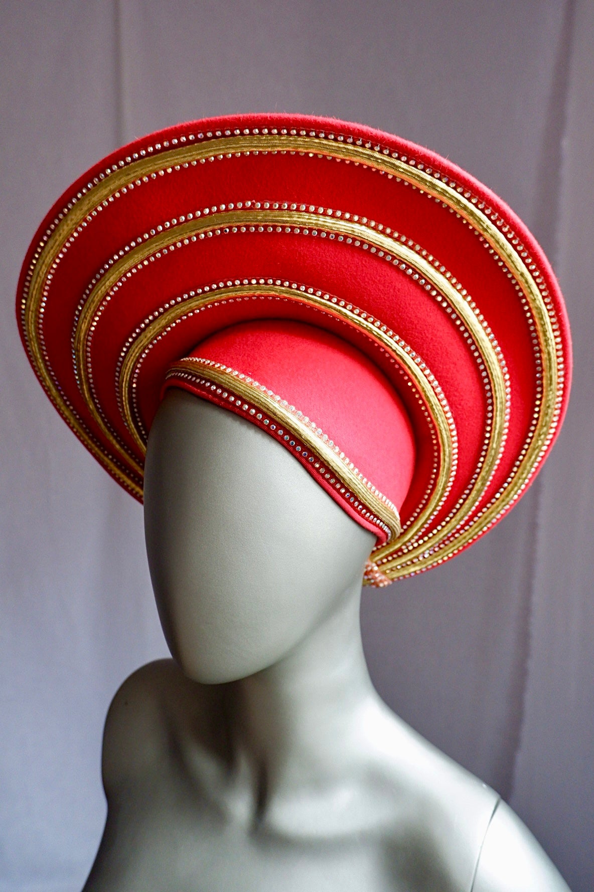 Exquisite Vintage Jack McConnell Red Sculptural Hat – Gold & Pearl Beaded Trim