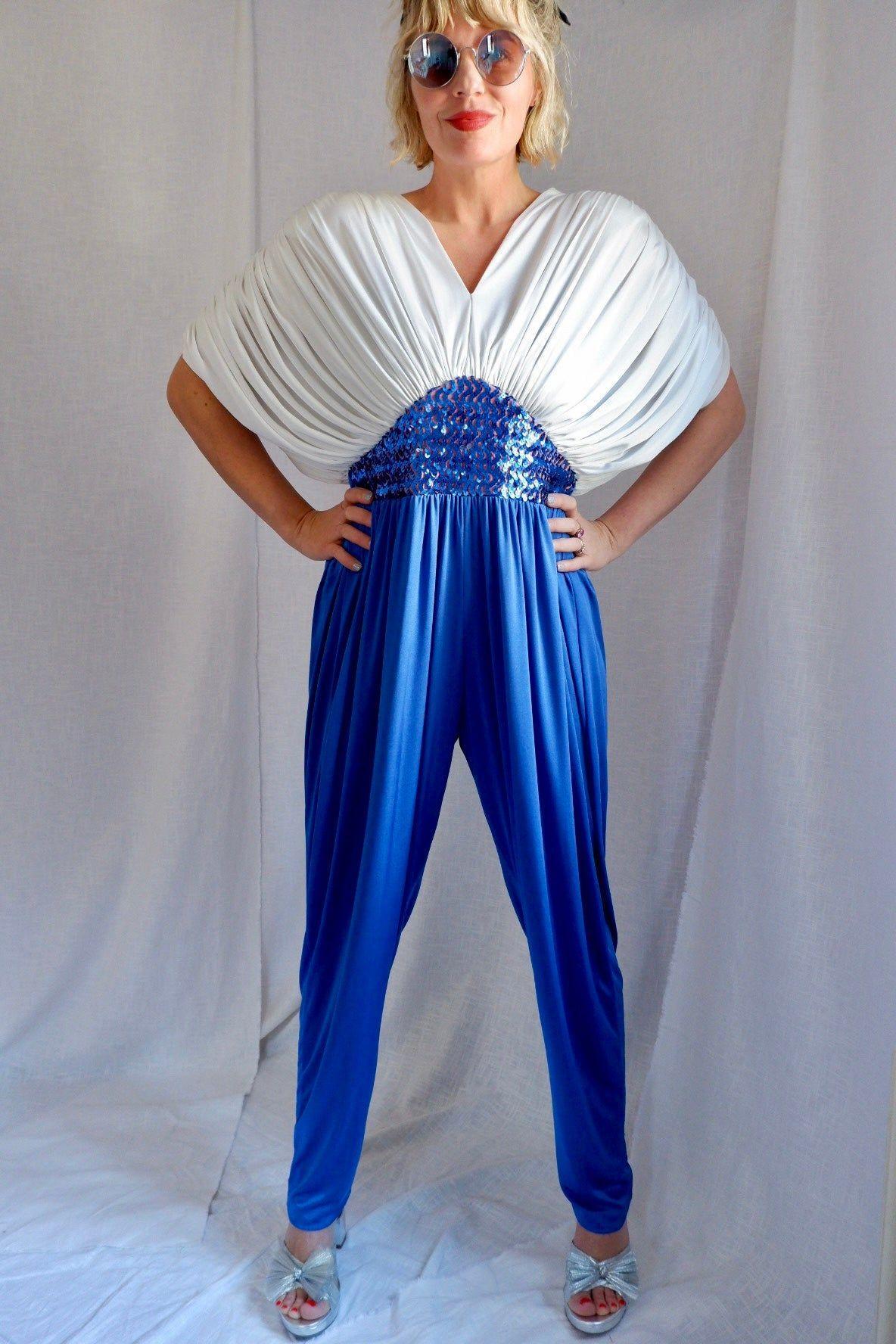1970s/80s Draped Sequin Jumpsuit – Studio 54 Meets Goddess Glam L-XXL
