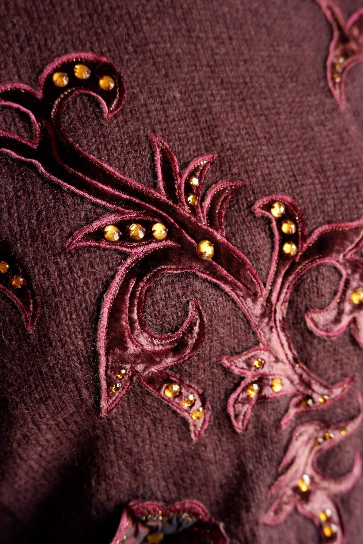 1980s Vintage Escada Deep Purple-Brown Wool Sweater with Velvet Appliqué and Beading