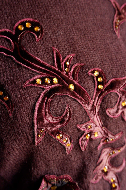 1980s Vintage Escada Deep Purple-Brown Wool Sweater with Velvet Appliqué and Beading