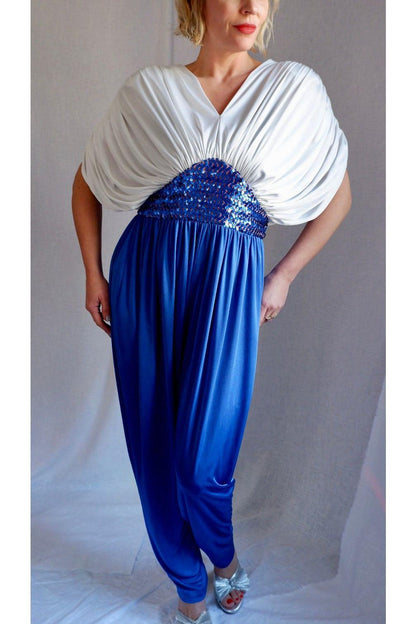 1970s/80s Draped Sequin Jumpsuit – Studio 54 Meets Goddess Glam L-XXL
