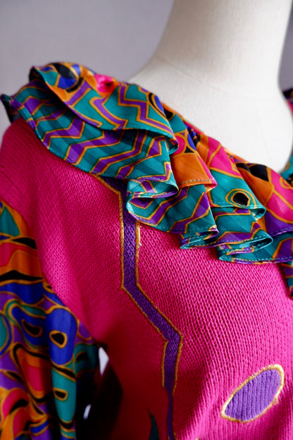 1980s Vintage Jaymee Papell Colorful Abstract Skirt and Sweater Set S/M