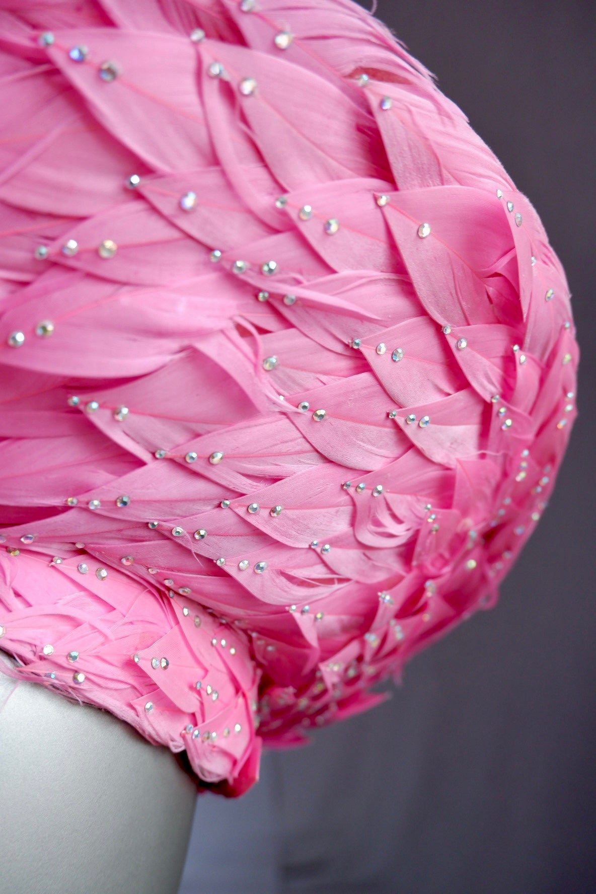 Vintage Jack McConnell Red Feather Hat – Sculpted Pink Feathered Halo with Beaded Accents