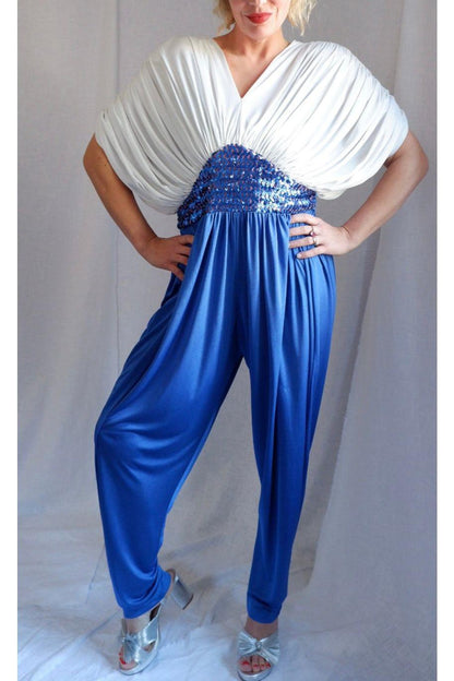 1970s/80s Draped Sequin Jumpsuit – Studio 54 Meets Goddess Glam L-XXL