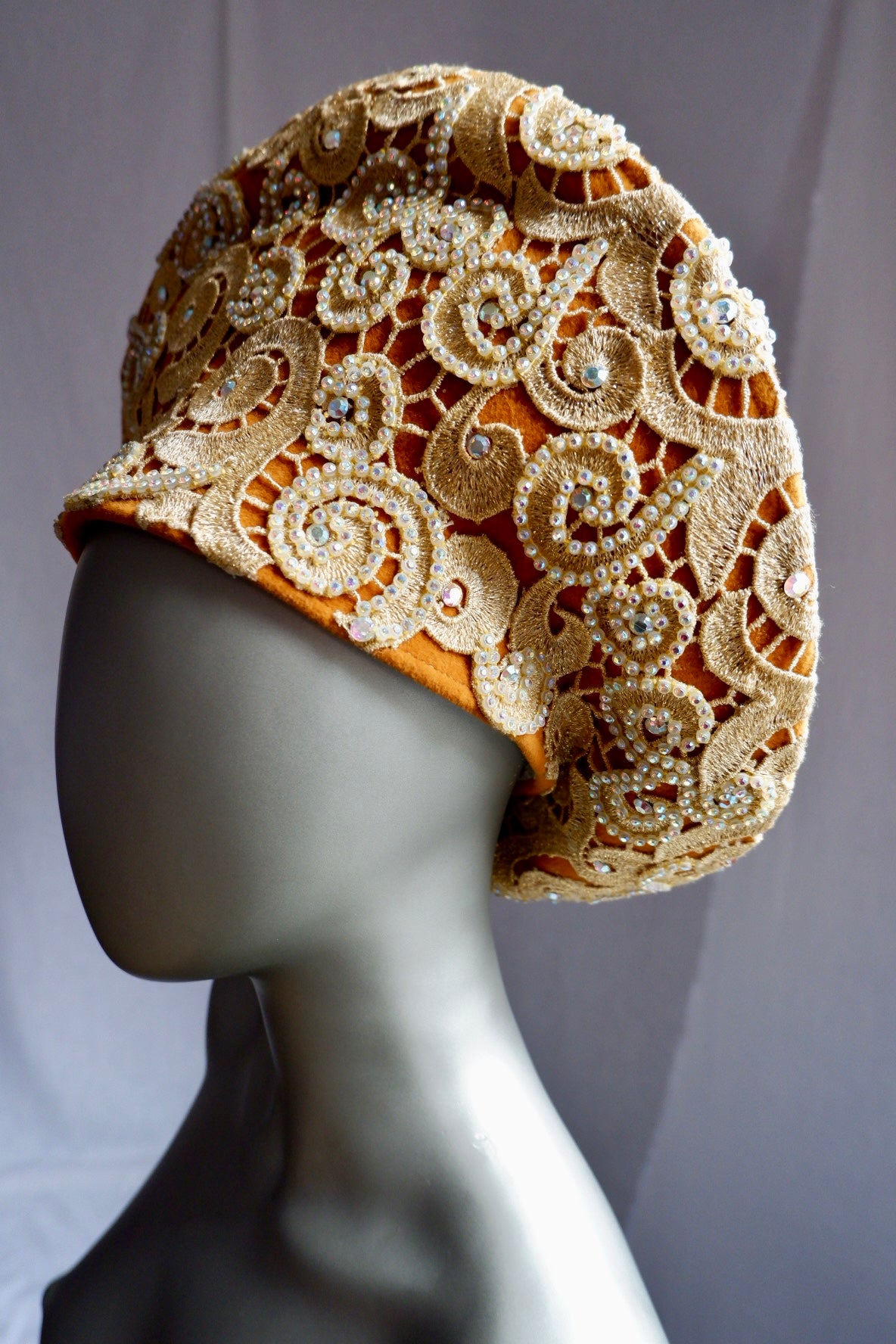 Vintage Jack McConnell Red Feather Hat – Gold Embroidered Couture Halo with Sequins & Beads
