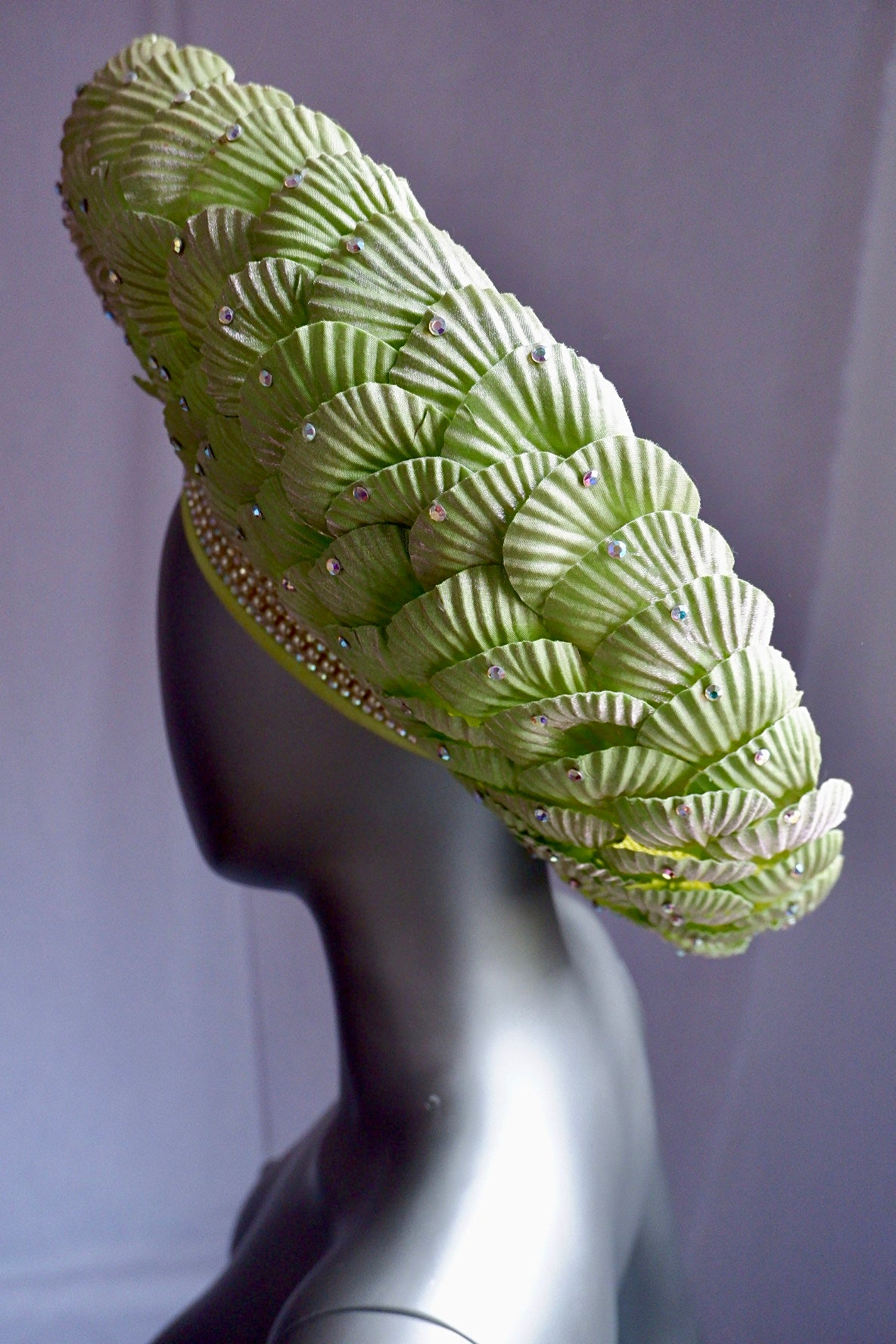 Vintage Jack McConnell Couture Hat – Sculpted Green Seashell Crown with Rhinestones & Pearl Band