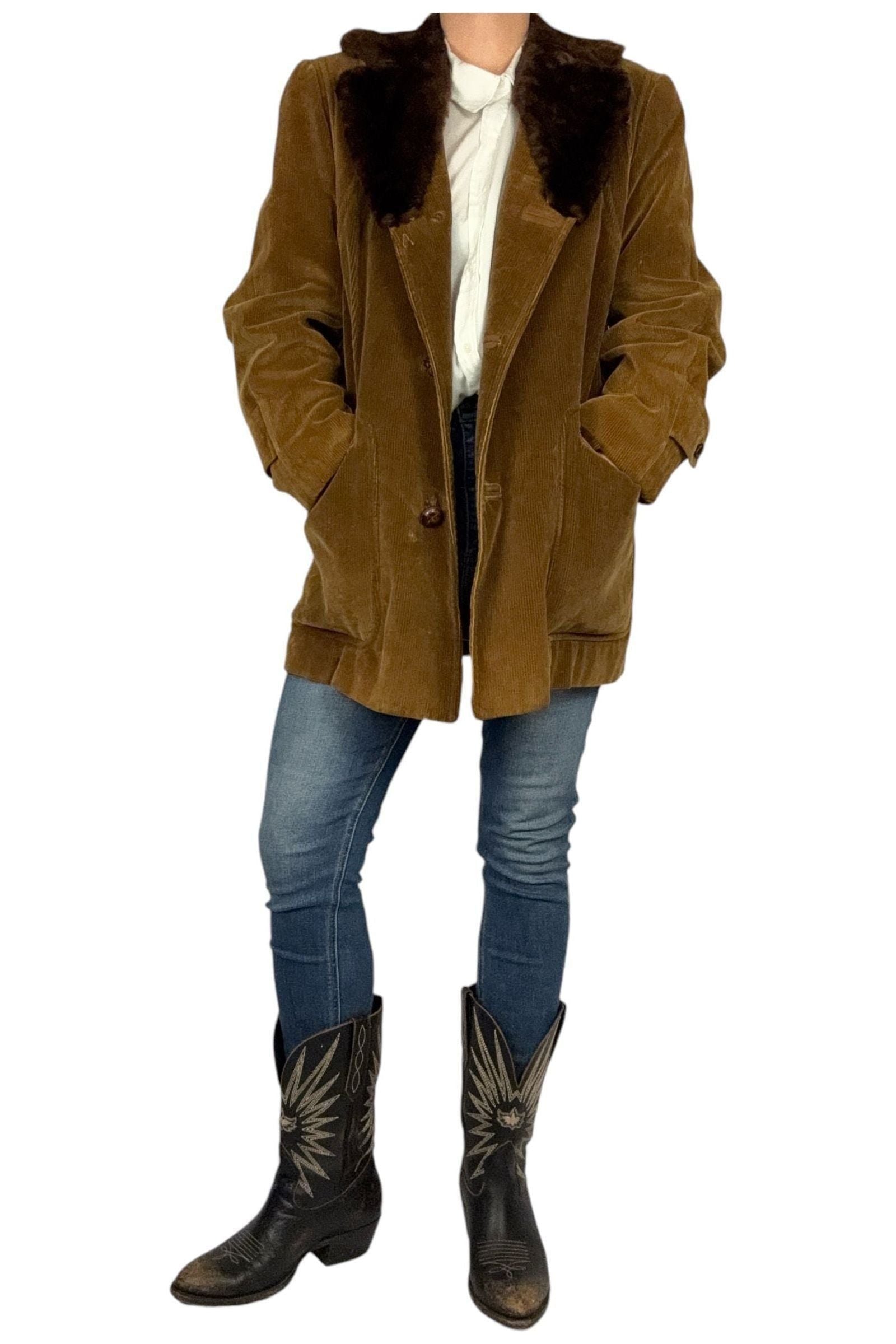 1970s Vintage Cortefiel Spanish Corduroy Coat with Faux Fur Collar 