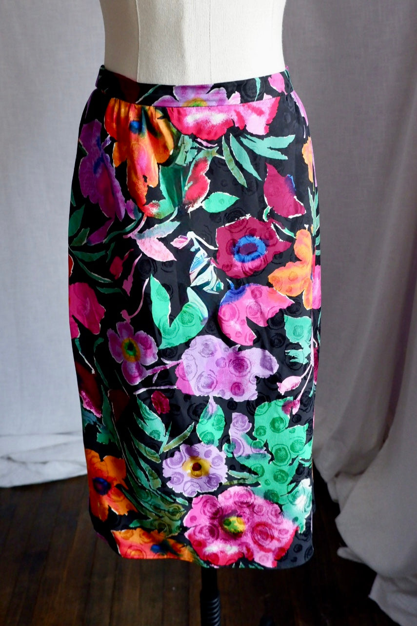 1980s Vintage Raul Blanco Silk Floral Skirt Set L