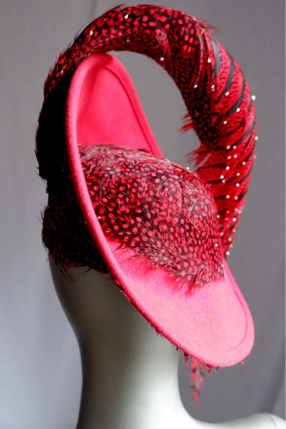 Vintage Jack McConnell Red Feather Hat – Sculptural Couture with Spotted Plumage and Rhinestone Trim