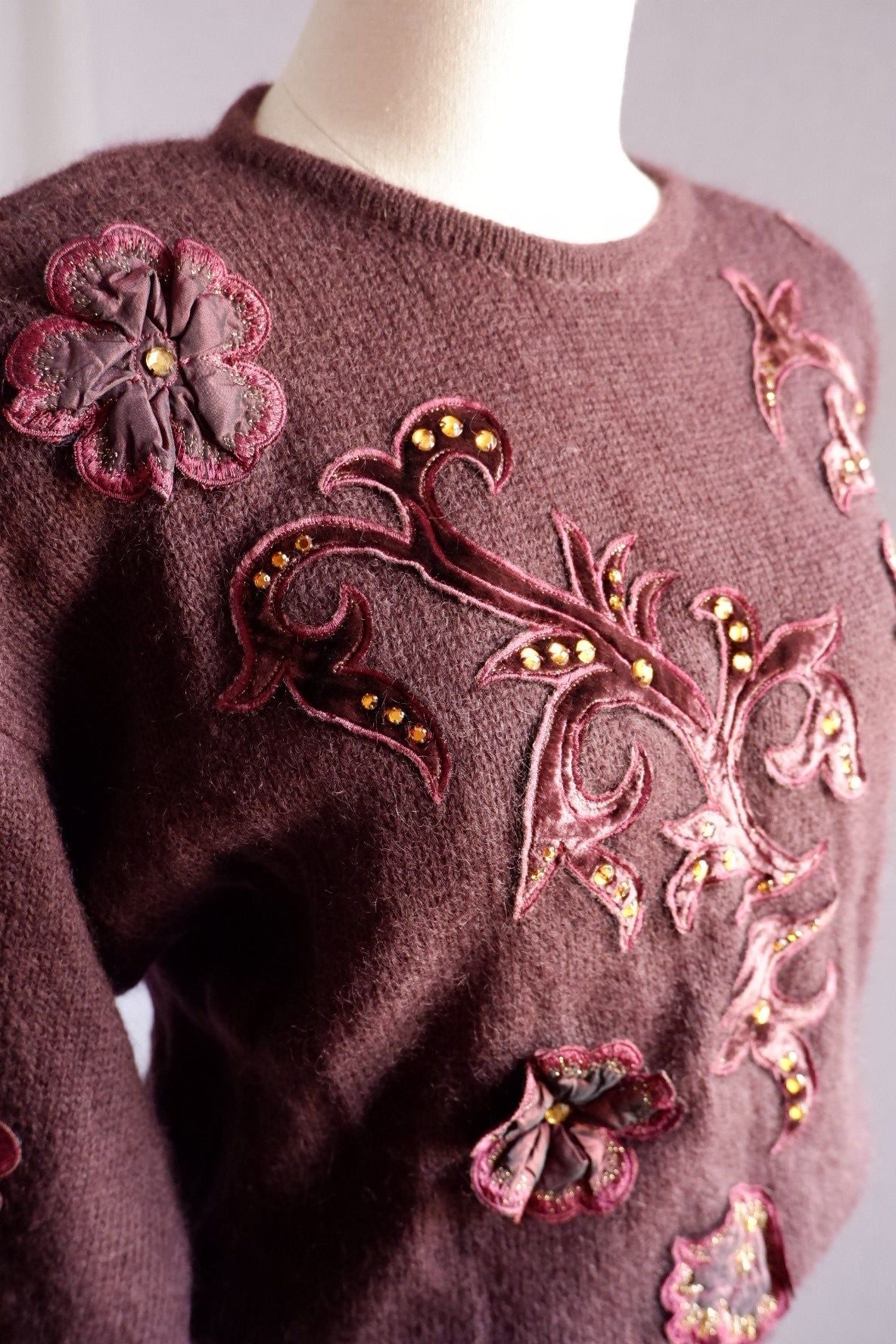 1980s Vintage Escada Deep Purple-Brown Wool Sweater with Velvet Appliqué and Beading