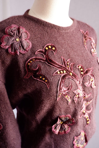 1980s Vintage Escada Deep Purple-Brown Wool Sweater with Velvet Appliqué and Beading