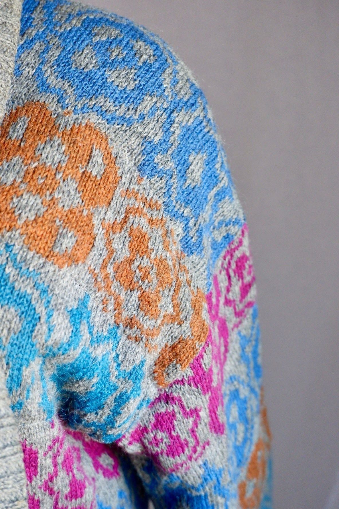 1980s Vintage Escada Bold Patterned Wool Cardigan by Margaretha Ley M/L